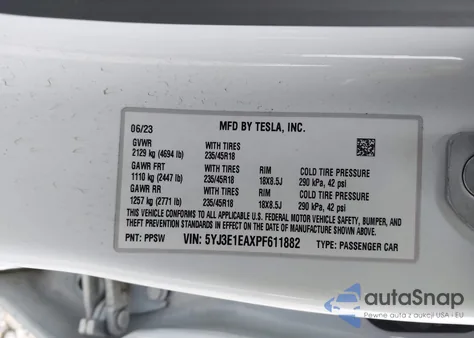 2023 Tesla Model 3 Rear-Wheel Drive from USA, damaged, VIN 5YJ3E1EAXPF611882